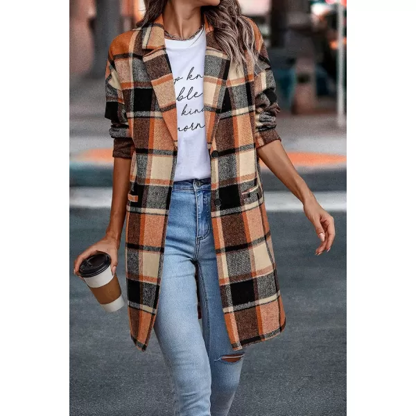 imagePRETTYGARDEN Womens 2023 Plaid Shacket Jacket Casual Button Wool Blend Winter Tartan Trench Coat With PocketsOrange