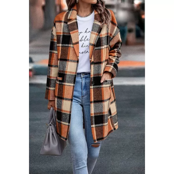 imagePRETTYGARDEN Womens 2023 Plaid Shacket Jacket Casual Button Wool Blend Winter Tartan Trench Coat With PocketsOrange