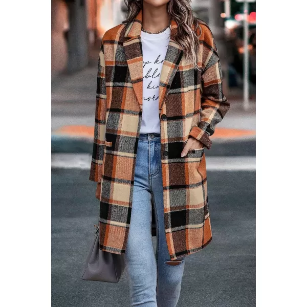 imagePRETTYGARDEN Womens 2023 Plaid Shacket Jacket Casual Button Wool Blend Winter Tartan Trench Coat With PocketsOrange