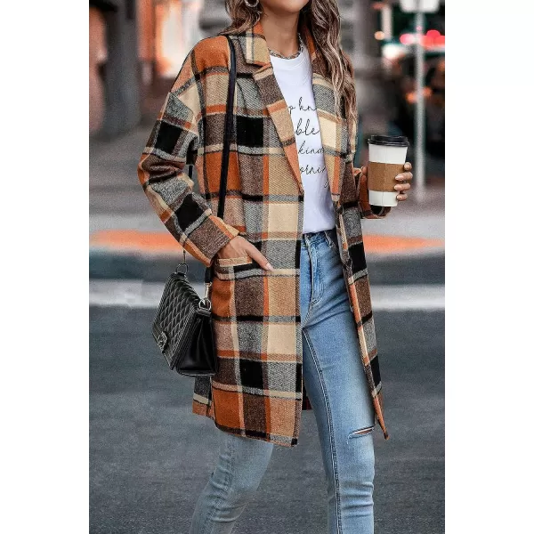 imagePRETTYGARDEN Womens 2023 Plaid Shacket Jacket Casual Button Wool Blend Winter Tartan Trench Coat With PocketsOrange