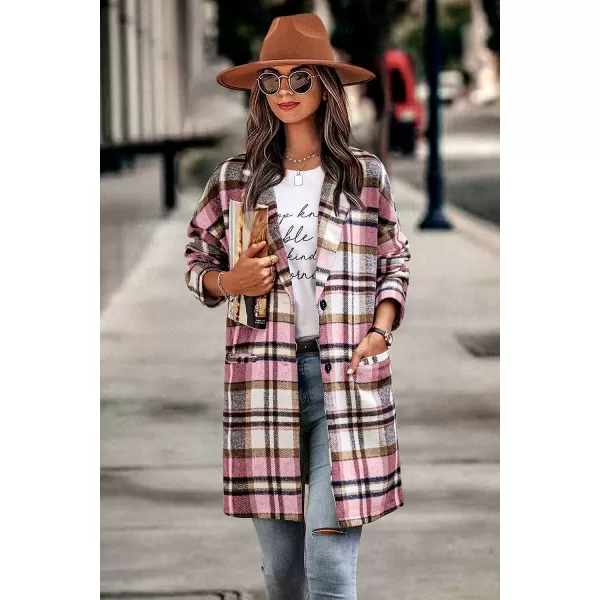 imagePRETTYGARDEN Womens 2023 Plaid Shacket Jacket Casual Button Wool Blend Winter Tartan Trench Coat With PocketsPink