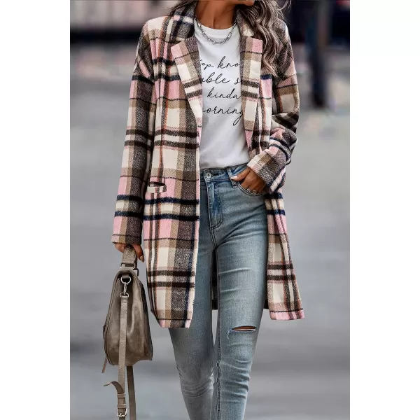 imagePRETTYGARDEN Womens 2023 Plaid Shacket Jacket Casual Button Wool Blend Winter Tartan Trench Coat With PocketsPink