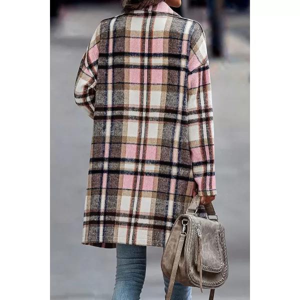 imagePRETTYGARDEN Womens 2023 Plaid Shacket Jacket Casual Button Wool Blend Winter Tartan Trench Coat With PocketsPink