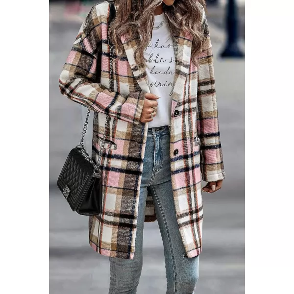 imagePRETTYGARDEN Womens 2023 Plaid Shacket Jacket Casual Button Wool Blend Winter Tartan Trench Coat With PocketsPink