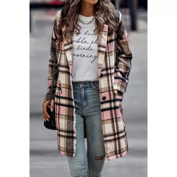 imagePRETTYGARDEN Womens 2023 Plaid Shacket Jacket Casual Button Wool Blend Winter Tartan Trench Coat With PocketsPink