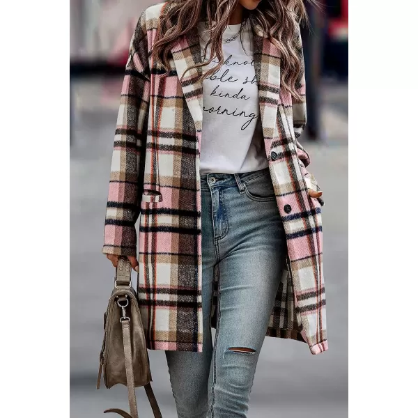imagePRETTYGARDEN Womens 2023 Plaid Shacket Jacket Casual Button Wool Blend Winter Tartan Trench Coat With PocketsPink
