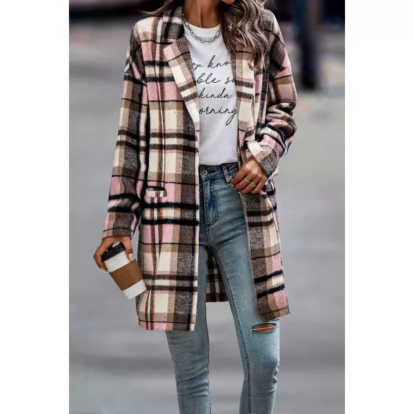 imagePRETTYGARDEN Womens 2023 Plaid Shacket Jacket Casual Button Wool Blend Winter Tartan Trench Coat With PocketsPink