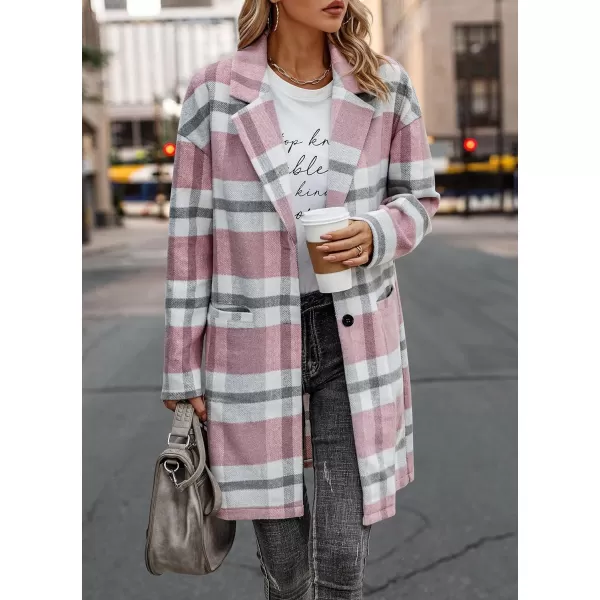 imagePRETTYGARDEN Womens 2023 Plaid Shacket Jacket Casual Button Wool Blend Winter Tartan Trench Coat With PocketsPink White