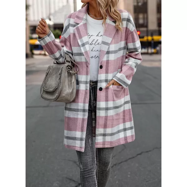 imagePRETTYGARDEN Womens 2023 Plaid Shacket Jacket Casual Button Wool Blend Winter Tartan Trench Coat With PocketsPink White