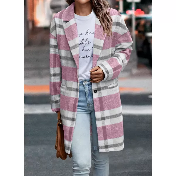 imagePRETTYGARDEN Womens 2023 Plaid Shacket Jacket Casual Button Wool Blend Winter Tartan Trench Coat With PocketsPink White