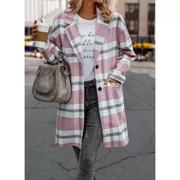imagePRETTYGARDEN Womens 2023 Plaid Shacket Jacket Casual Button Wool Blend Winter Tartan Trench Coat With PocketsPink White