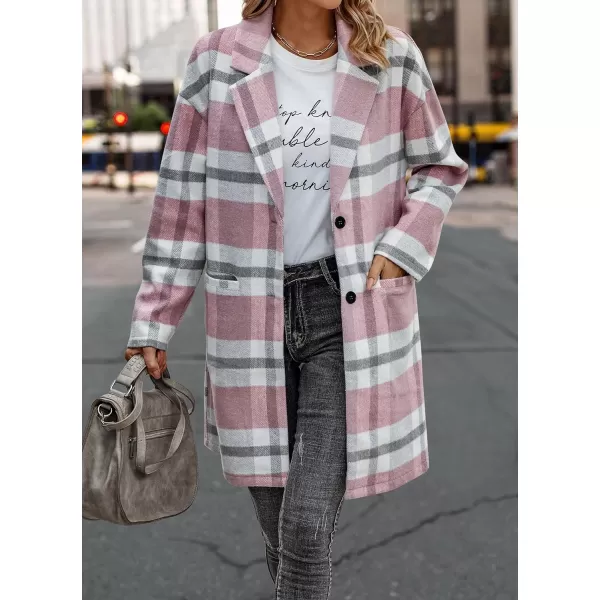 imagePRETTYGARDEN Womens 2023 Plaid Shacket Jacket Casual Button Wool Blend Winter Tartan Trench Coat With PocketsPink White