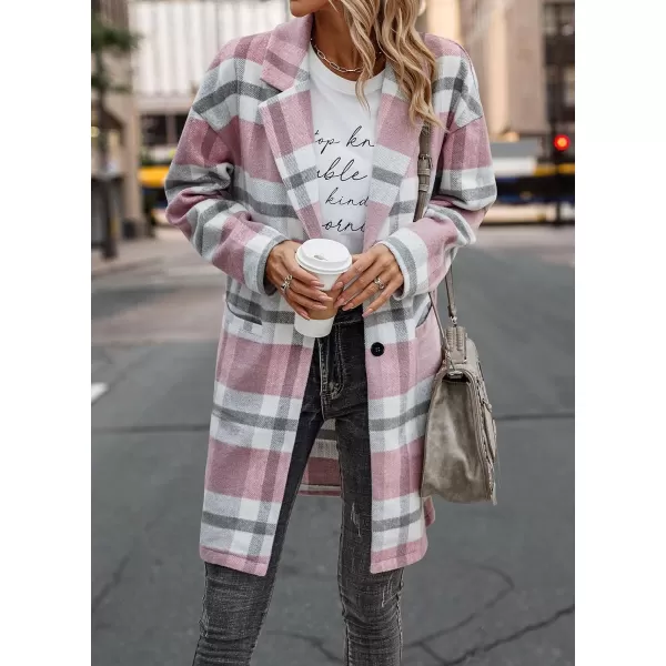 imagePRETTYGARDEN Womens 2023 Plaid Shacket Jacket Casual Button Wool Blend Winter Tartan Trench Coat With PocketsPink White