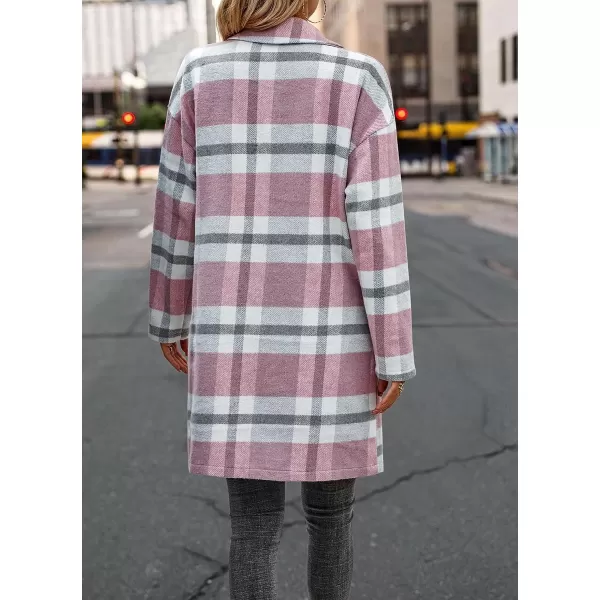 imagePRETTYGARDEN Womens 2023 Plaid Shacket Jacket Casual Button Wool Blend Winter Tartan Trench Coat With PocketsPink White
