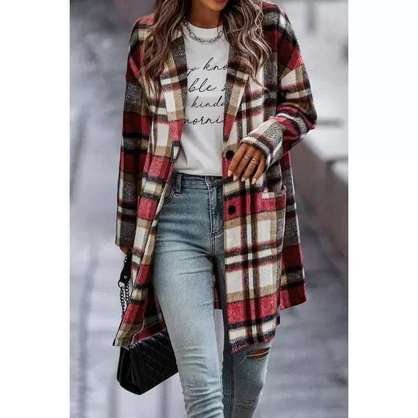 imagePRETTYGARDEN Womens 2023 Plaid Shacket Jacket Casual Button Wool Blend Winter Tartan Trench Coat With PocketsRed