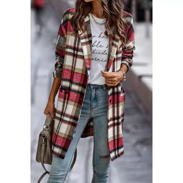 imagePRETTYGARDEN Womens 2023 Plaid Shacket Jacket Casual Button Wool Blend Winter Tartan Trench Coat With PocketsRed