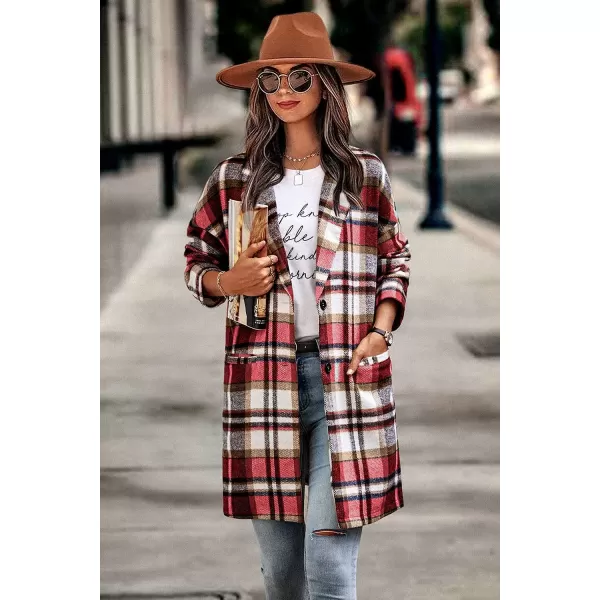 imagePRETTYGARDEN Womens 2023 Plaid Shacket Jacket Casual Button Wool Blend Winter Tartan Trench Coat With PocketsRed
