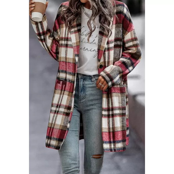 imagePRETTYGARDEN Womens 2023 Plaid Shacket Jacket Casual Button Wool Blend Winter Tartan Trench Coat With PocketsRed