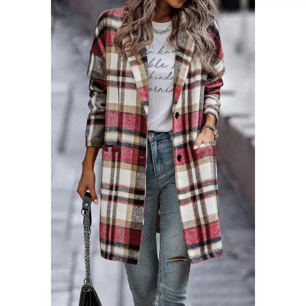 imagePRETTYGARDEN Womens 2023 Plaid Shacket Jacket Casual Button Wool Blend Winter Tartan Trench Coat With PocketsRed
