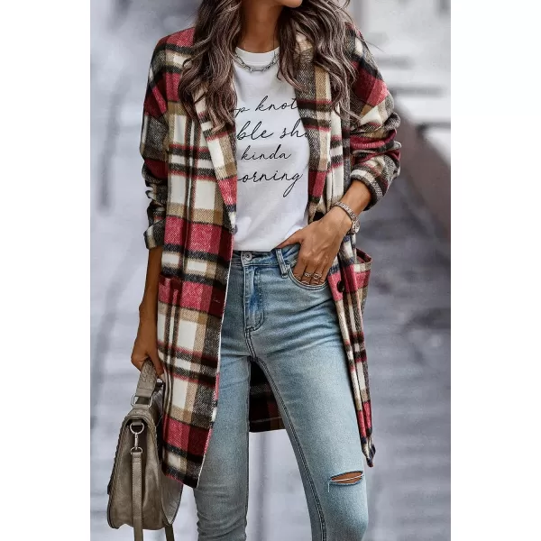 imagePRETTYGARDEN Womens 2023 Plaid Shacket Jacket Casual Button Wool Blend Winter Tartan Trench Coat With PocketsRed