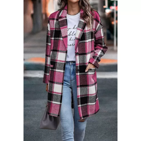 imagePRETTYGARDEN Womens 2023 Plaid Shacket Jacket Casual Button Wool Blend Winter Tartan Trench Coat With PocketsRose Red