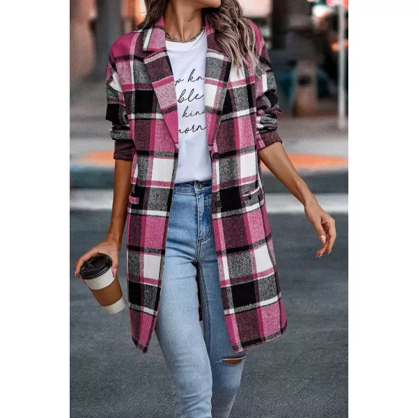 imagePRETTYGARDEN Womens 2023 Plaid Shacket Jacket Casual Button Wool Blend Winter Tartan Trench Coat With PocketsRose Red