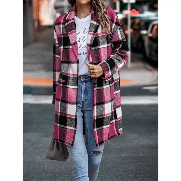 imagePRETTYGARDEN Womens 2023 Plaid Shacket Jacket Casual Button Wool Blend Winter Tartan Trench Coat With PocketsRose Red