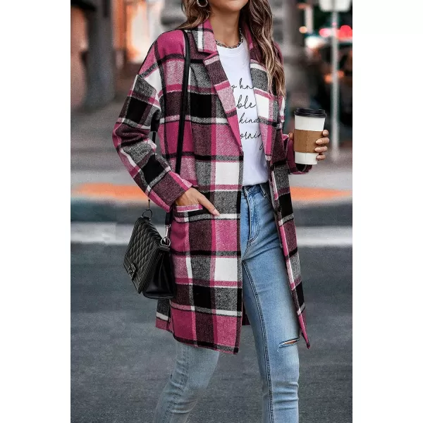imagePRETTYGARDEN Womens 2023 Plaid Shacket Jacket Casual Button Wool Blend Winter Tartan Trench Coat With PocketsRose Red