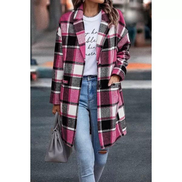 imagePRETTYGARDEN Womens 2023 Plaid Shacket Jacket Casual Button Wool Blend Winter Tartan Trench Coat With PocketsRose Red