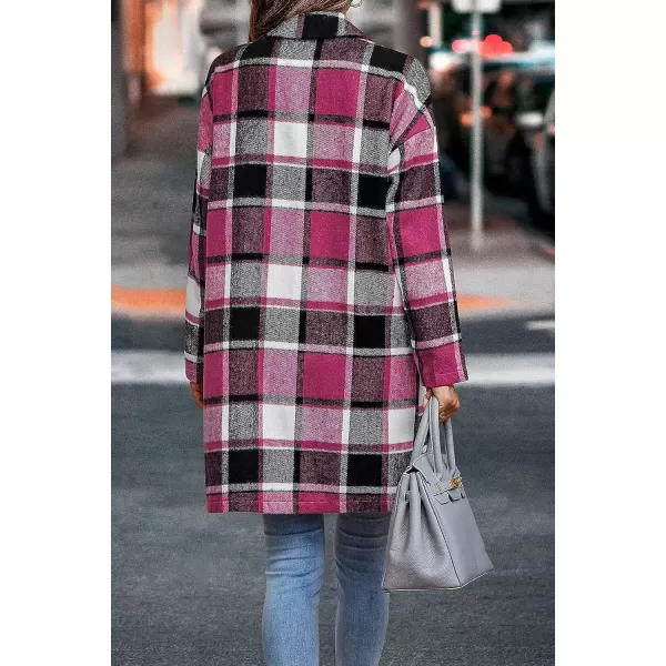 imagePRETTYGARDEN Womens 2023 Plaid Shacket Jacket Casual Button Wool Blend Winter Tartan Trench Coat With PocketsRose Red