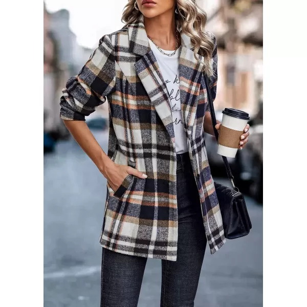 imagePRETTYGARDEN Womens 2023 Plaid Shacket Jacket Casual Button Wool Blend Winter Tartan Trench Coat With PocketsShort Style Brown