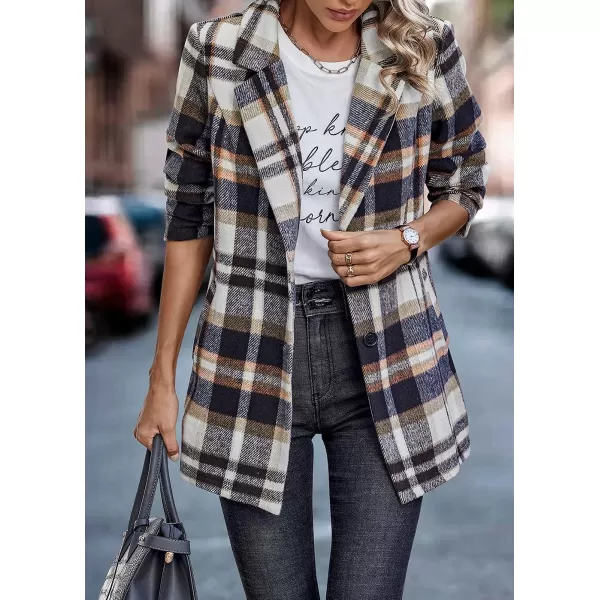 imagePRETTYGARDEN Womens 2023 Plaid Shacket Jacket Casual Button Wool Blend Winter Tartan Trench Coat With PocketsShort Style Brown