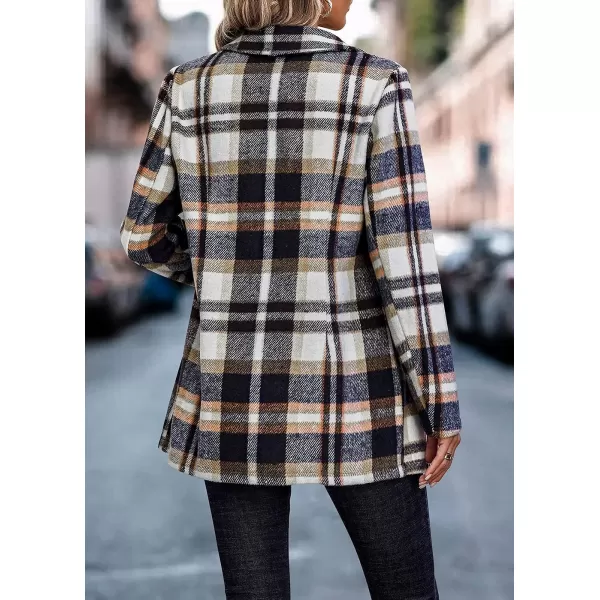 imagePRETTYGARDEN Womens 2023 Plaid Shacket Jacket Casual Button Wool Blend Winter Tartan Trench Coat With PocketsShort Style Brown