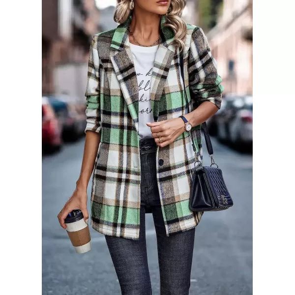 imagePRETTYGARDEN Womens 2023 Plaid Shacket Jacket Casual Button Wool Blend Winter Tartan Trench Coat With PocketsShort Style Green