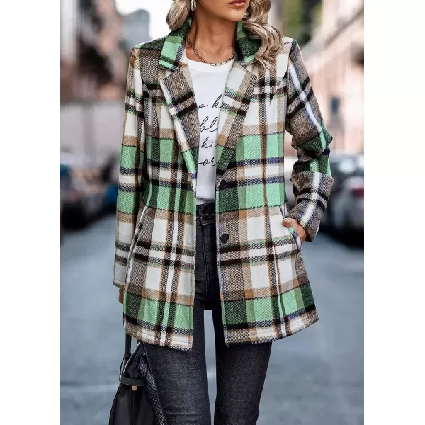 imagePRETTYGARDEN Womens 2023 Plaid Shacket Jacket Casual Button Wool Blend Winter Tartan Trench Coat With PocketsShort Style Green