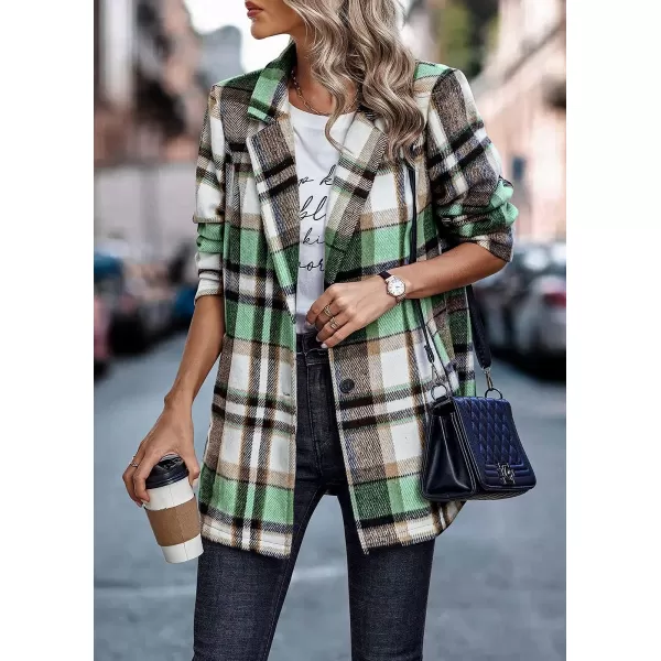 imagePRETTYGARDEN Womens 2023 Plaid Shacket Jacket Casual Button Wool Blend Winter Tartan Trench Coat With PocketsShort Style Green