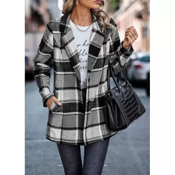 imagePRETTYGARDEN Womens 2023 Plaid Shacket Jacket Casual Button Wool Blend Winter Tartan Trench Coat With PocketsShort Style Grey