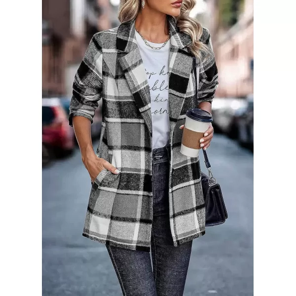 imagePRETTYGARDEN Womens 2023 Plaid Shacket Jacket Casual Button Wool Blend Winter Tartan Trench Coat With PocketsShort Style Grey