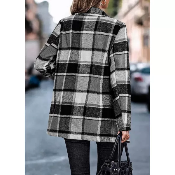 imagePRETTYGARDEN Womens 2023 Plaid Shacket Jacket Casual Button Wool Blend Winter Tartan Trench Coat With PocketsShort Style Grey