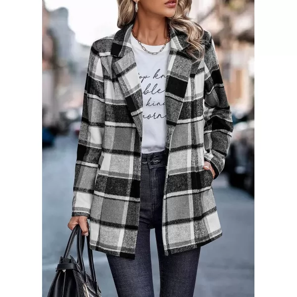 imagePRETTYGARDEN Womens 2023 Plaid Shacket Jacket Casual Button Wool Blend Winter Tartan Trench Coat With PocketsShort Style Grey