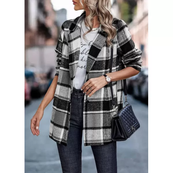 imagePRETTYGARDEN Womens 2023 Plaid Shacket Jacket Casual Button Wool Blend Winter Tartan Trench Coat With PocketsShort Style Grey