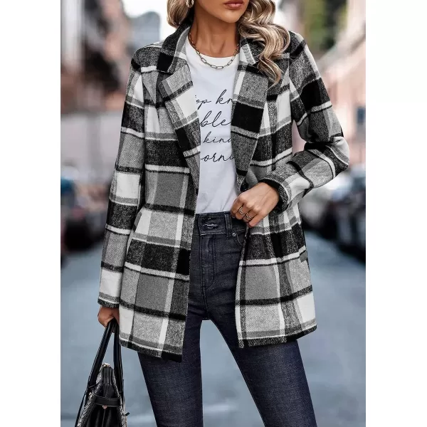 imagePRETTYGARDEN Womens 2023 Plaid Shacket Jacket Casual Button Wool Blend Winter Tartan Trench Coat With PocketsShort Style Grey