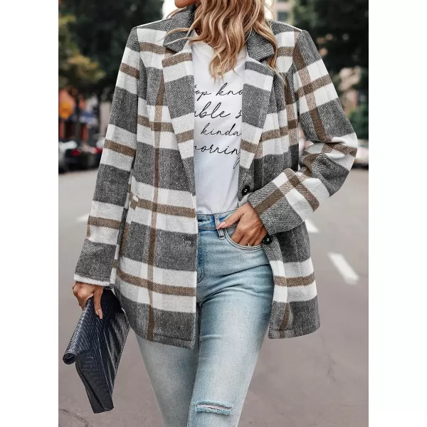 imagePRETTYGARDEN Womens 2023 Plaid Shacket Jacket Casual Button Wool Blend Winter Tartan Trench Coat With PocketsShort Style Grey White