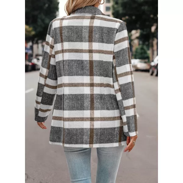 imagePRETTYGARDEN Womens 2023 Plaid Shacket Jacket Casual Button Wool Blend Winter Tartan Trench Coat With PocketsShort Style Grey White