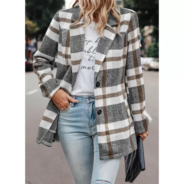 imagePRETTYGARDEN Womens 2023 Plaid Shacket Jacket Casual Button Wool Blend Winter Tartan Trench Coat With PocketsShort Style Grey White