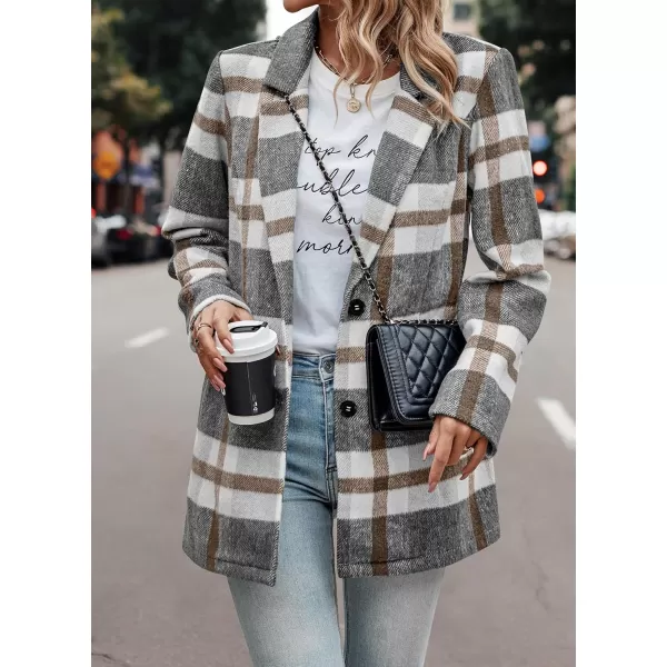 imagePRETTYGARDEN Womens 2023 Plaid Shacket Jacket Casual Button Wool Blend Winter Tartan Trench Coat With PocketsShort Style Grey White