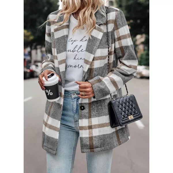 imagePRETTYGARDEN Womens 2023 Plaid Shacket Jacket Casual Button Wool Blend Winter Tartan Trench Coat With PocketsShort Style Grey White