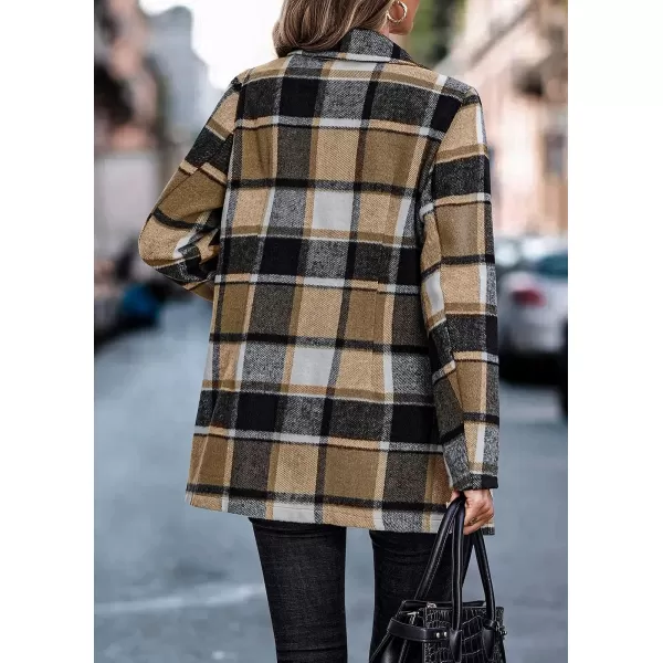 imagePRETTYGARDEN Womens 2023 Plaid Shacket Jacket Casual Button Wool Blend Winter Tartan Trench Coat With PocketsShort Style Khaki
