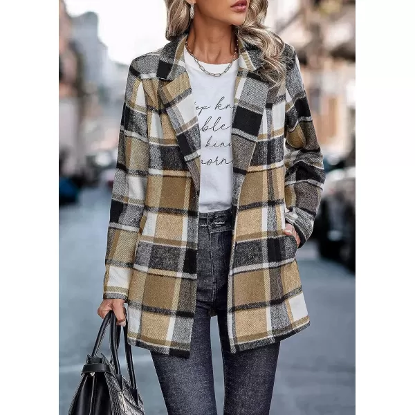 imagePRETTYGARDEN Womens 2023 Plaid Shacket Jacket Casual Button Wool Blend Winter Tartan Trench Coat With PocketsShort Style Khaki