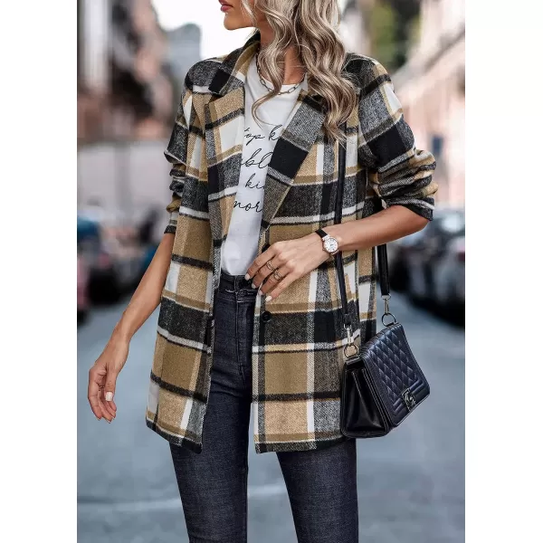 imagePRETTYGARDEN Womens 2023 Plaid Shacket Jacket Casual Button Wool Blend Winter Tartan Trench Coat With PocketsShort Style Khaki